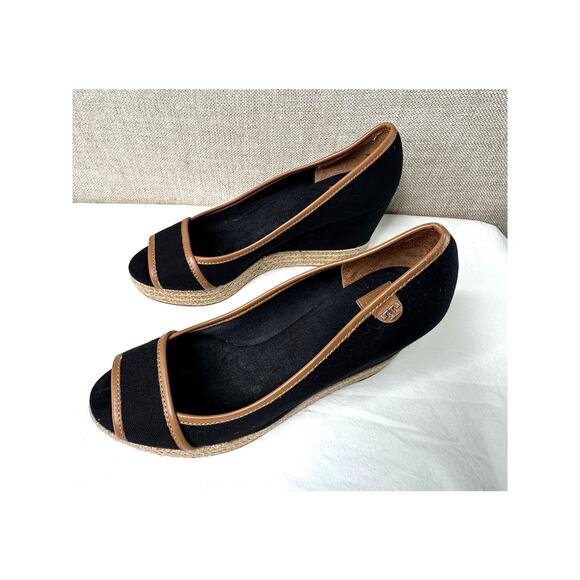 Tory Burch Majorca Wedge Sandal Peep Toe Black Canvas Espadrille Size 9 - Picture 10 of 13